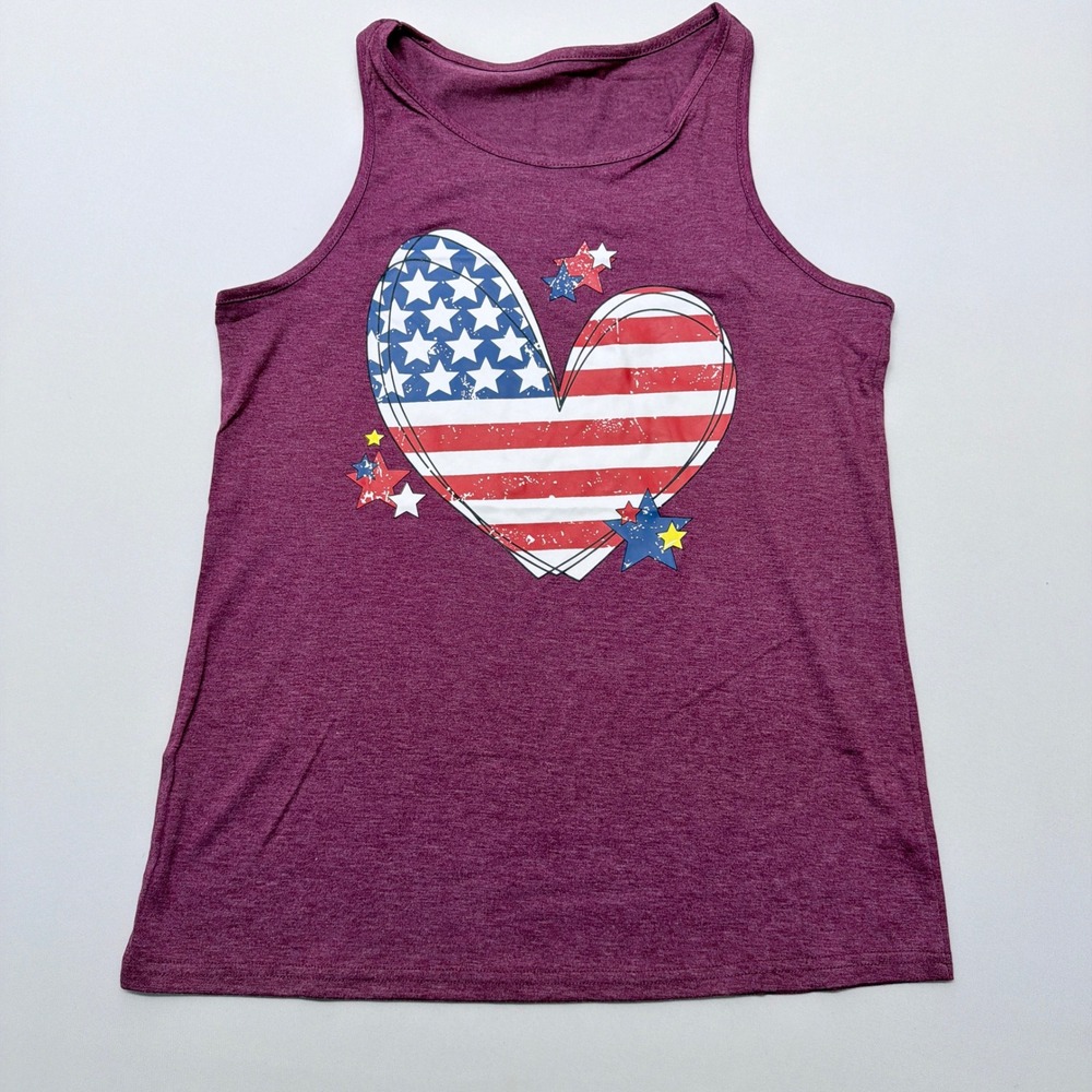 Womens American Flag Heart Graphic Tank Top Heathered Burgundy Small